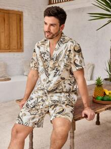 Manfinity ChillVibe 2pcs Men All-Over Print Button-Front Short Sleeve Top And Shorts Pajama Set