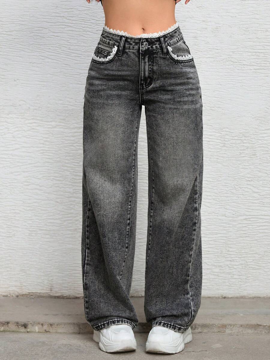 SHEIN EZwear 女式休闲蕾丝拼布前拉链直筒牛仔裤