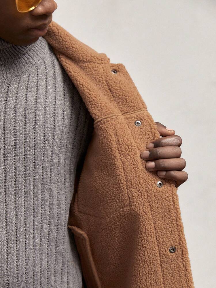 Men's Knitted Form-Fitting Stand Collar Jacket With Thermal Lined, Short Style, Camel Color, Suitable For Autumn/Winter, Daily Work, Pocket Split, Metal Buttons