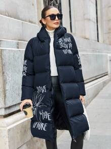 EURMUSE Plus Size Women Winter Slogan Print Zip-Up Padded Coat - Navy Blue - View 1