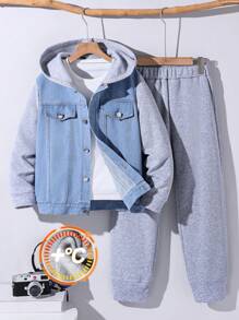Conjunto de 2 piezas para niño preadolescente con chaqueta y pantalones de mezclilla con diseño de parches modernos y casuales, ropa adecuada para el otoño/invierno para uso diario