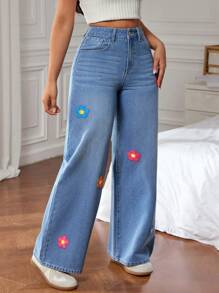 SHEIN EZwear Quần Jeans Thường Ngày Có Túi Cài Nút Phía Trước Cho Nữ - Màu xanh lam - Xem 5