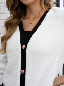 SHEIN Clasi Women Plush Contrast Color Single-Breasted Casual Jacket For Autumn & Winter