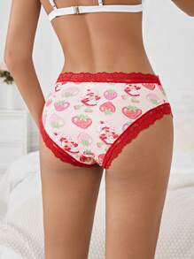 Strawberry Shortcake X SHEIN 2 stuks dames schattige aardbeien bedrukte contrasterende kant sexy en comfortabele slip, roze en rood