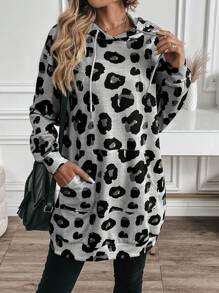 SHEIN LUNE 1 件女式豹纹长款连帽衫，秋季 - 灰色 - 查看 3