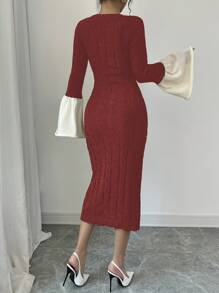 Elenzga Gaun Sweater Wanita Lengan Lebar Warna Kontras, Pakaian Musim Gugur untuk Wanita - Burgundy - View 2
