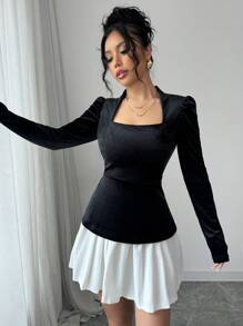 Elenzga 女士优雅法式复古时尚方领上衣和百褶裙套装 - 彩色 - 查看 3