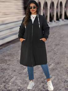 EMERY ROSE Plus Size Solid Color Drawstring Hooded Fleece Coat, Casual Wear For Autumn/Winter Fall Cloth For Women - Black - View 3