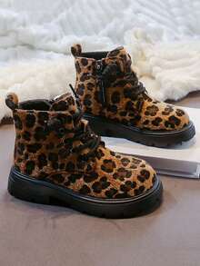 1 đôi giày bốt trẻ em thời trang ấm áp lót lông có khóa kéo bên hông, họa tiết da báo đậm, giày ngoài trời cho trẻ em, mùa đông - màu nâu - Xem 2