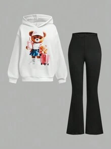 2pcs/Set Tween Girls Cute Bear Hoodie Sweatshirt And Flared Pants Outfit