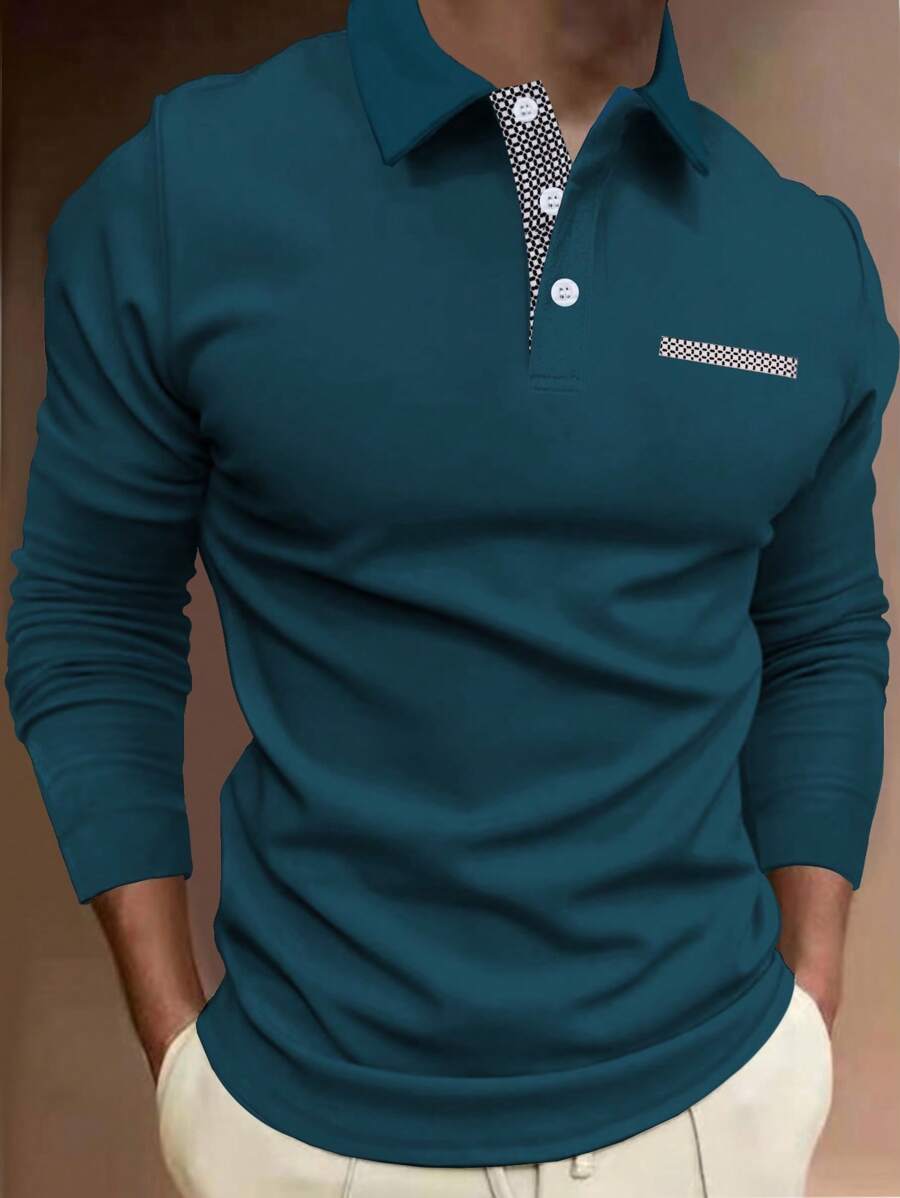 Calvornis Men Contrast Plaid Print Front Button Casual Long Sleeve Polo Shirt, For Fall, Formal, Ceremony - Cadet Blue - View 1