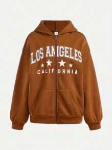 SHEIN 2 件套青少年女孩纯色字母印花拉链连帽衫和运动裤休闲秋季服装 - 棕色 - 查看 10