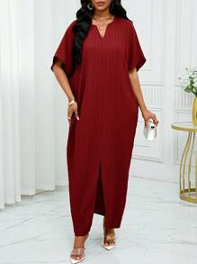 SHEIN Lady Women Solid Textured Notch Neck Batwing Sleeve Split Hem Long Dress - Burgundy - View 6