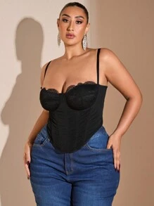 SHEIN BAE Top corset en dentelle de type chevron sexy pour femmes grandes tailles. Convient pour les rendez-vous, Noël, Thanksgiving, la Saint-Valentin, le quotidien, les sorties, les déplacements, sexy, Top noir grande taille, courbe, débardeur, soirée
