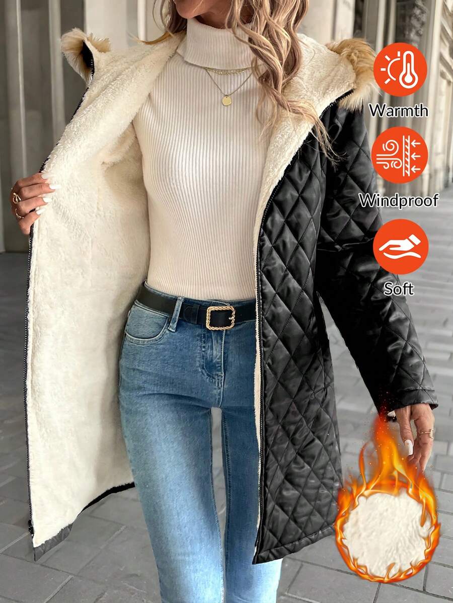 SHEIN Clasi 女式拉链连帽蓬松泰迪熊衬里加厚羽绒大衣（秋冬款） - 黑色 - 查看 1