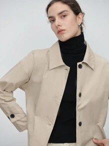 SHEIN LUNE 女士优雅时尚商务休闲长袖翻领围巾领纯色夹克 - 駝色 - 查看 9
