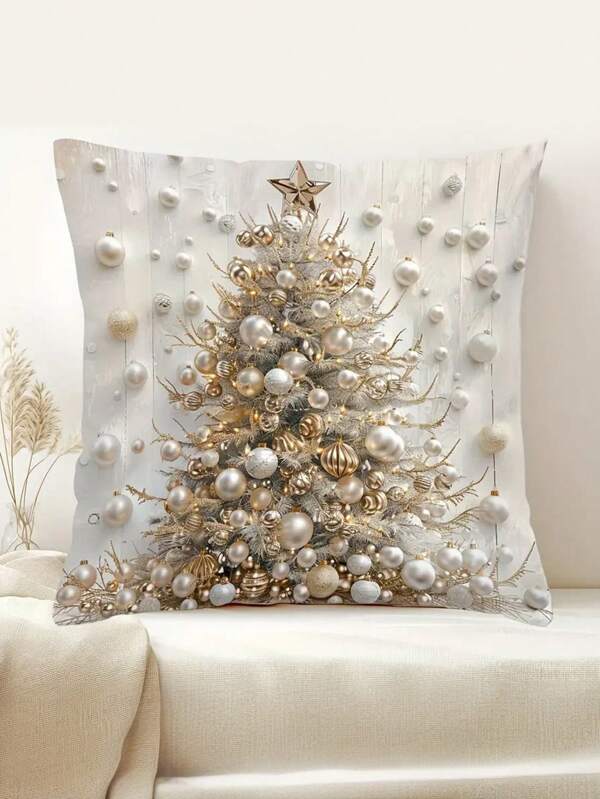 1 pieza Funda de almohada con estampado digital de árbol de Navidad contemporáneo, solo lavar a mano, cierre con cremallera, poliéster tejido, decoración versátil del hogar, para vacaciones