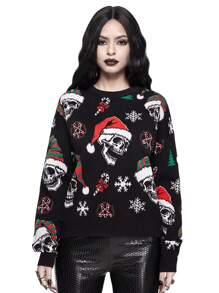 ROMWE Goth Dark Skull & Christmas Wreath All-Over Print Pullover Sweater - Multicolor - View 1
