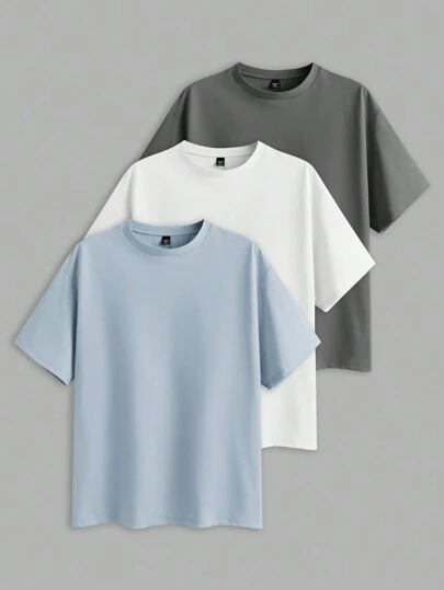 Manfinity BRENVOR 3 件装 男士休闲纯色超大落肩短袖 T 恤，夏季