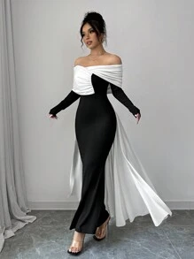 Firerie Women Elegant Sexy Off-Shoulder Color Block Evening Long Sleeve Dress, Black And White Bodycon Dress,Princess Tight Long Dress For Party & Gathering, Christmas Party Women Dress,New Year Eve Dress,Autumn/Winter