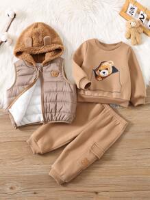 3 pezzi/set neonato/bambina cachi modello cartone animato scollo rotondo felpa, elastico in vita pantaloni spessi, gilet in pile giacca 3 pezzi vestito, adatto per autunno e inverno all'aperto, sci - Multicolore - Visualizzare 6