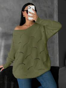 EURMUSE Plus Size Women Casual Solid Color V-Neck Drop Shoulder Loose Pointelle Knit Pullover Sweater - Green - View 5