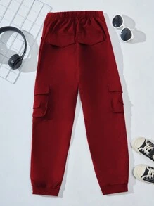 SHEIN Tween Boy Casual Cargo Pants With Multiple Pockets - Red - View 2