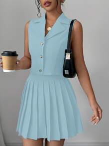 Elenzga Conjunto de chaleco de un solo pecho de unicolor y falda plisada para mujer