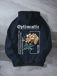 Manfinity Homme sweat-shirt à capuche ample pour hommes avec motif floral et slogan, épaules tombantes, doublure thermique, cordon de serrage