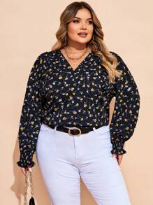 SHEIN CURVE+ 大码女式花卉 V 领长袖优雅衬衫，适合度假 - 藏蓝色 - 查看 7