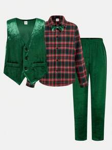 3pcs Tween Boy Christmas Green Velvet Vest, Shirt, And Pants Clothes Set, Gentleman Style Suitable For Holiday Party, School And Formal Occasions