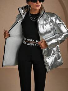 RueChic Silver, Shinny, Keep Warming Feature, Zip Up Puffer Winter Coat - Silver - View 5