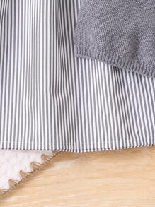 SHEIN 女婴条纹圆领长袖荷叶边下摆连衣裙和圆领毛衣背心套装，秋季