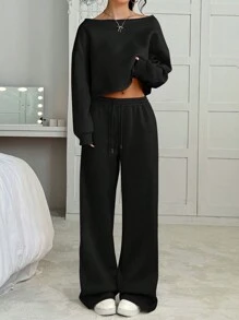 SHEIN EZwear Bộ 2 món trang phục áo trễ vai tay dài tối giản cho nữ và quần dài - màu đen - Xem 5
