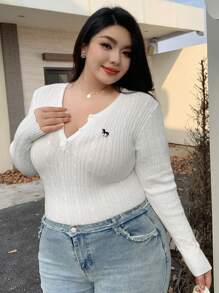 Dazy Plus Plus Size Pattern Embroidery V-Neck Fitted Crop Long Sleeve Pullover Sweater, For Winter,Fall Clothes Carnival - White - View 5