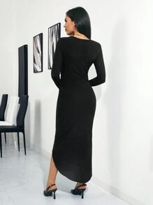 SHEIN Clasi V 领扭纹设计女式连衣裙，适合外出和聚会穿着 - 黑色 - 查看 2