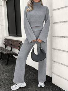 INAWLY Set de 2 piezas con top de cuello alto de manga larga de unicolor y pantalones casuales para mujer - Gris - Ver 1