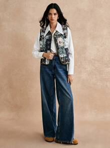 Poéselle Chaleco acolchado sin mangas con estampado vintage retro y efecto patchwork para mujer, chaleco acolchado sin mangas vintage, chaqueta acolchada corta, chaqueta acolchada, chaqueta corta de mujer, chaqueta de pana, chaqueta de mujer para otoño, ropa de mujer para otoño, chaqueta de invierno - Verde militar - Ver 1