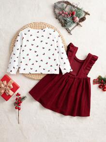 Cozy Pixies 2pcs Set: Baby Girl Christmas Print Round Neck Long Sleeve Pullover Top And Sleeveless Dress