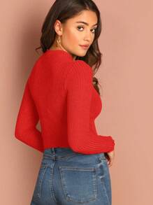 SHEIN Essnce 女式休闲纯色罗纹立领生菜边短款长袖 T 恤，秋季 - 紅色 - 查看 2