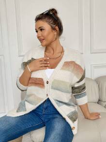 SHEIN LUNE Áo len cardigan dệt kim rộng rãi màu trơn cổ chữ V đơn hàng khuy đơn cho nữ cỡ lớn, vải dày hơn thích hợp cho lễ Halloween, ngày lễ tình nhân, lễ tạ ơn, giáng sinh, lễ phục sinh, ngày quốc khánh, tiệc năm mới, cho mùa đông - Nhiều màu - Xem 6