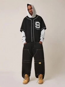 SUMWON Moletom com Capuz Estilo Baseball, Camada com Manga Comprida, Letra Universitária, Streetwear de Moda Atlética Urbana, Moletom Casual de Inverno, Esportivo Atlético - Preto - Visão 4