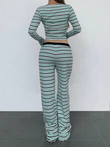 SHEIN BASICS 2pcs/Set Women Casual Knit Striped V-Neck Long Sleeve Fitted T-Shirt & Low Waist Flared Pants Set
