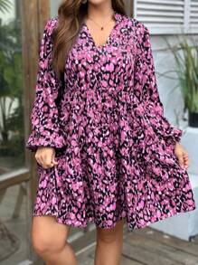 Plus Size V-Neck Floral Print Casual Versatile Long Sleeve Dress - Pink - View 5