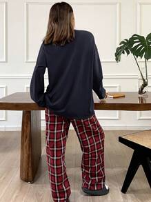 DAZY Casual Loose Top & Plaid Pattern Pants Homewear Set Pajama - Blue - View 2