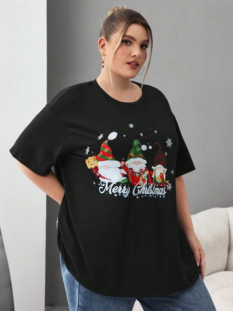 SHEIN CURVE+ 大码圣诞老人 T 恤，秋冬款 - 黑色 - 查看 4