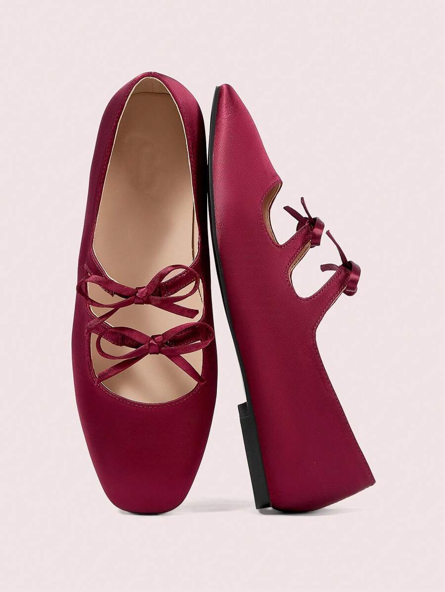 CUCCOO DOLLMOD 女士方头舒适红色玛丽珍平底鞋，带双蝴蝶结细节，简约可爱风格新年假期 - 紅色 - 查看 1