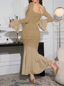 Modelyn 女士长款针织纹理拼接 3D 花卉修身鱼尾下摆优雅连衣裙长款晚礼服 - 棕色 - 查看 2
