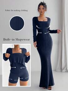 Chiquease 优雅纯色美人鱼修身长裙，秋冬长款女装 - 藏蓝色 - 查看 1