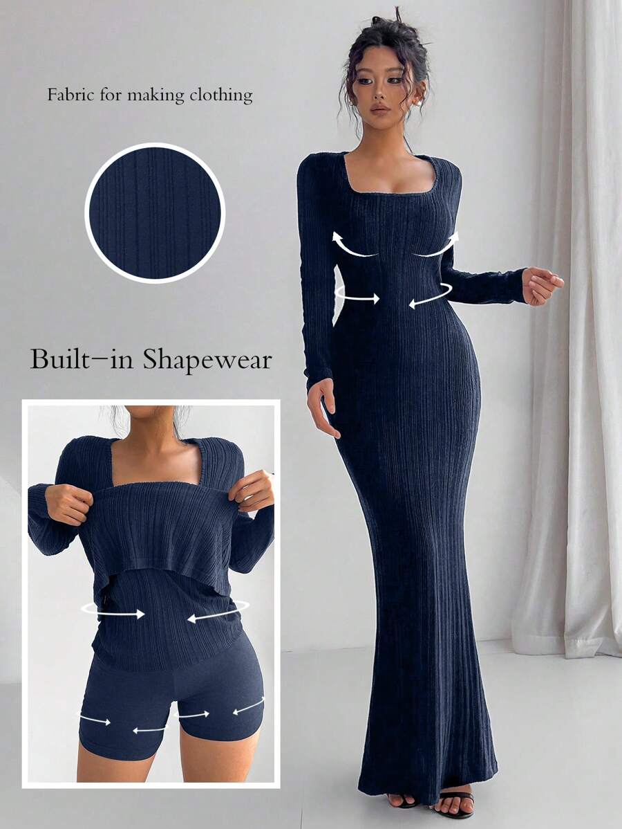 Chiquease 优雅纯色美人鱼修身长裙，秋冬长款女装 - 藏蓝色 - 查看 1